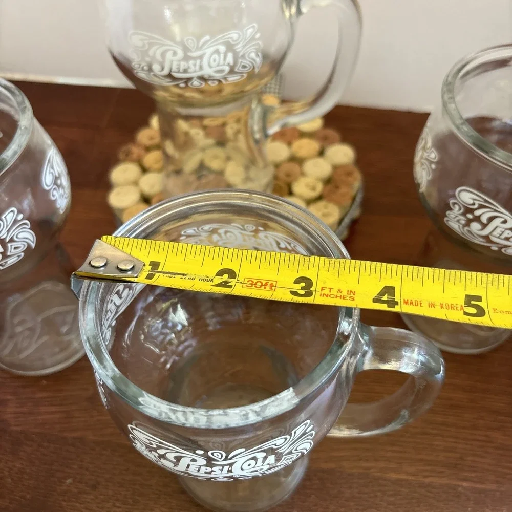 Vintage Set Of 4 Pepsi Cola 16oz Glasses‎ with Handle 1970's White Logo 3 Sided
